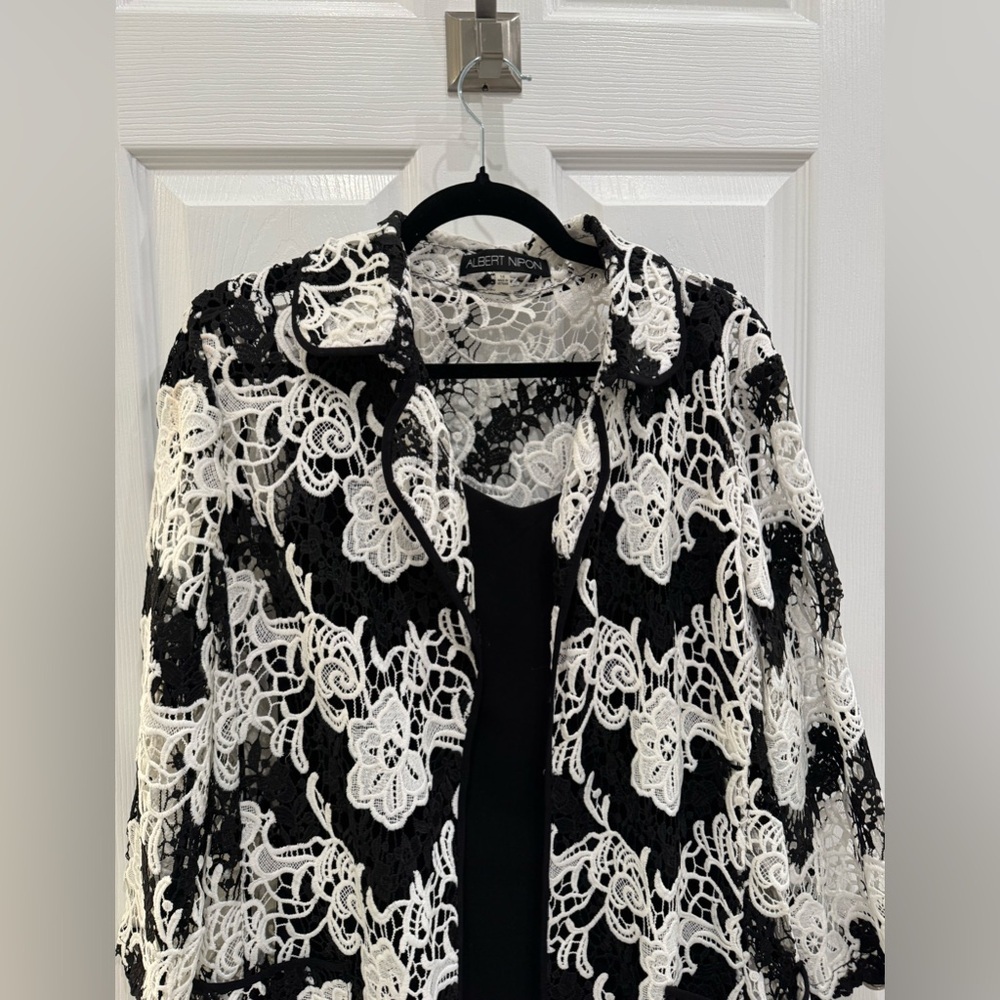 Albert Nipon Black and Porcelain Lace Overlay Dress - Picture 4 of 16